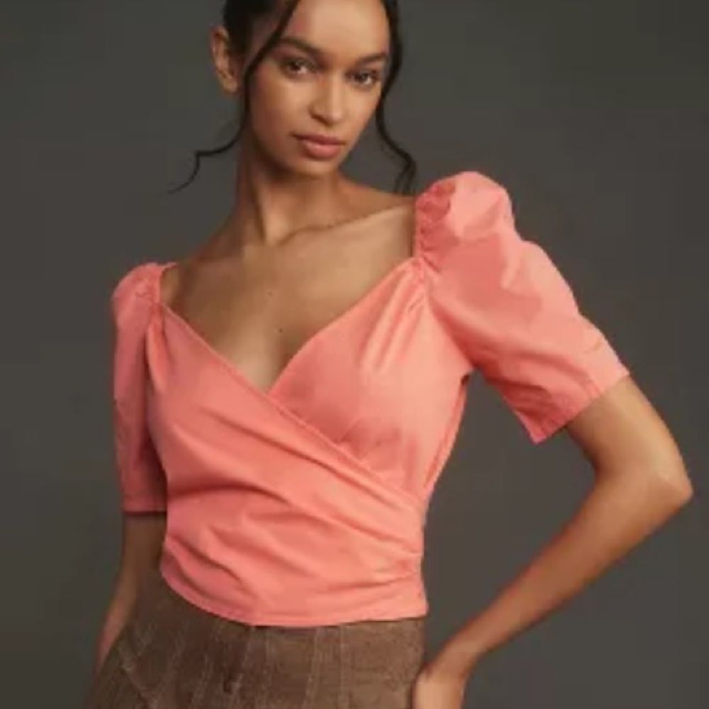 NWT Anthropologie Puff-Sleeve Wrap Top in Coral Pink Rose Size: M